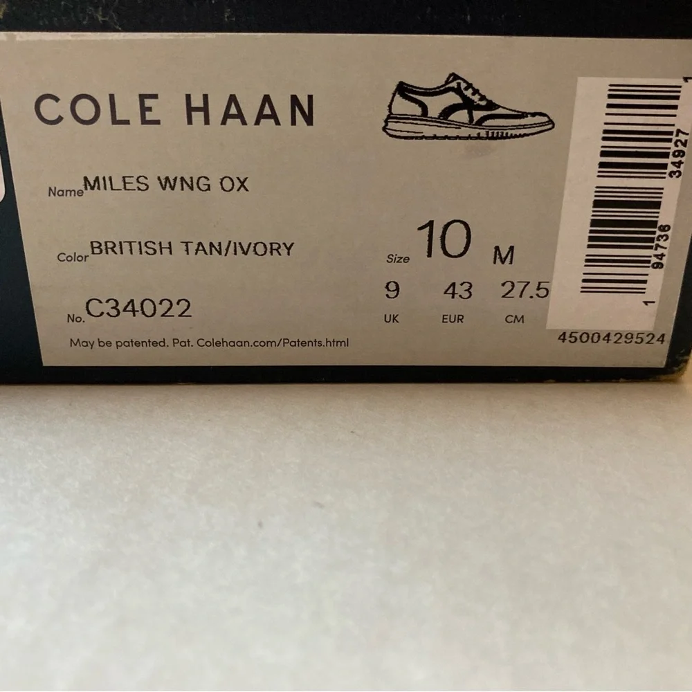 NWT Cole Haan Miles Leather Wingtip Oxford Tan Non-Slip Men’s Shoes